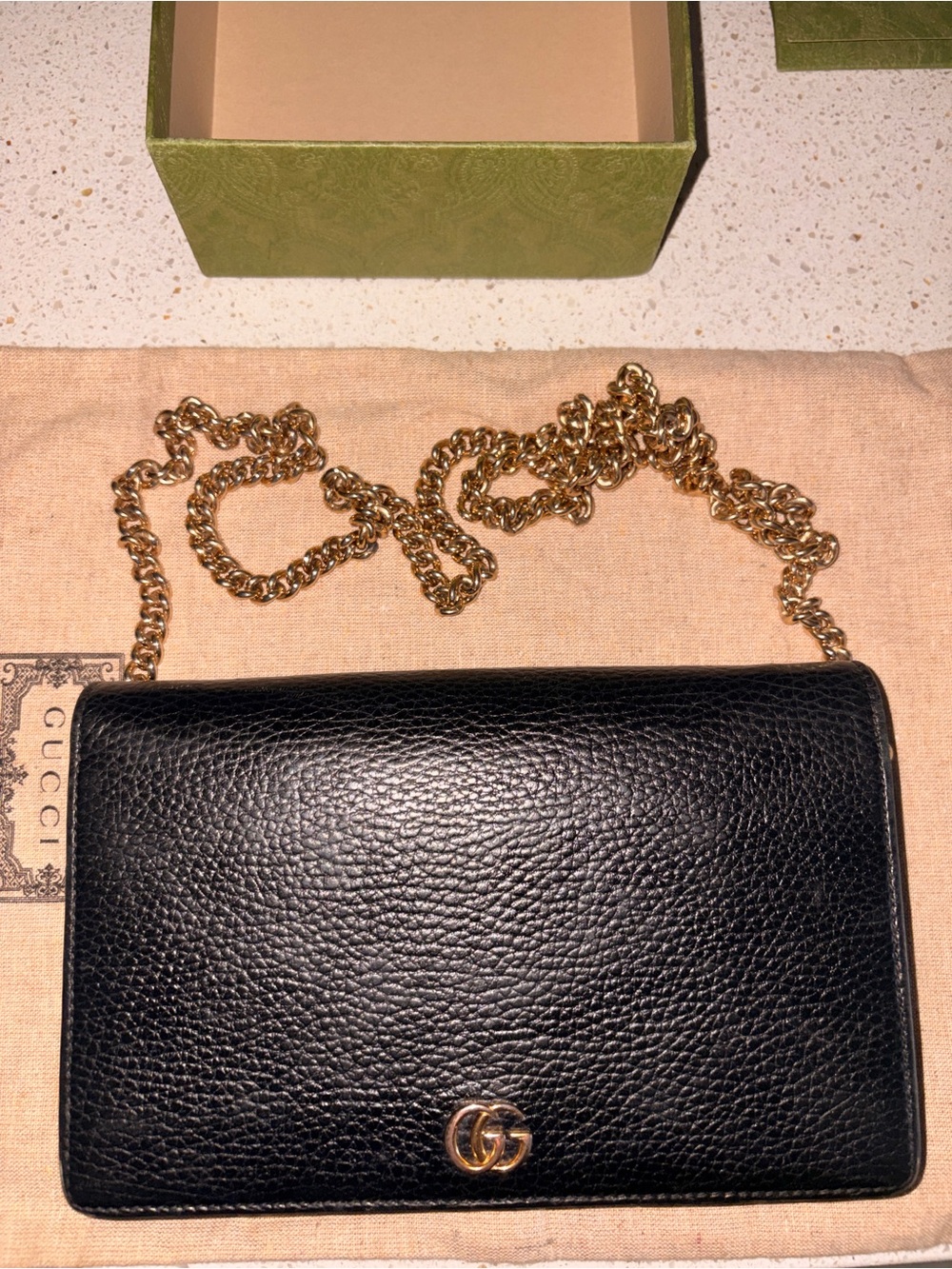 Gucci Black Pebbled Leather Crossbody with Gold Chain